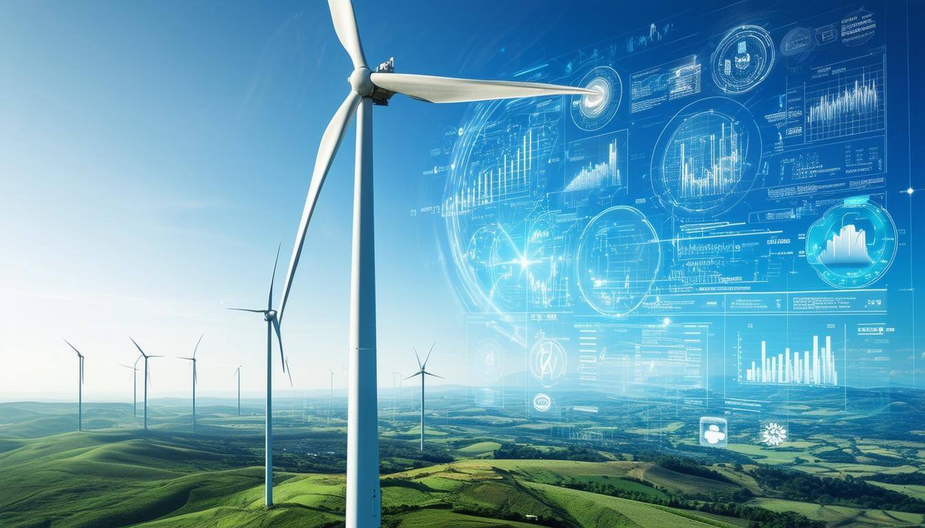 The image depicts a sprawling wind farm, with towering wind turbines spinning gracefully against a clear blue sky