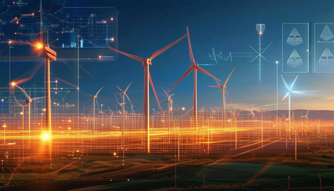 photorealistic image of a wind farm with automated alerts and diagnostics for wind turbine electrical components